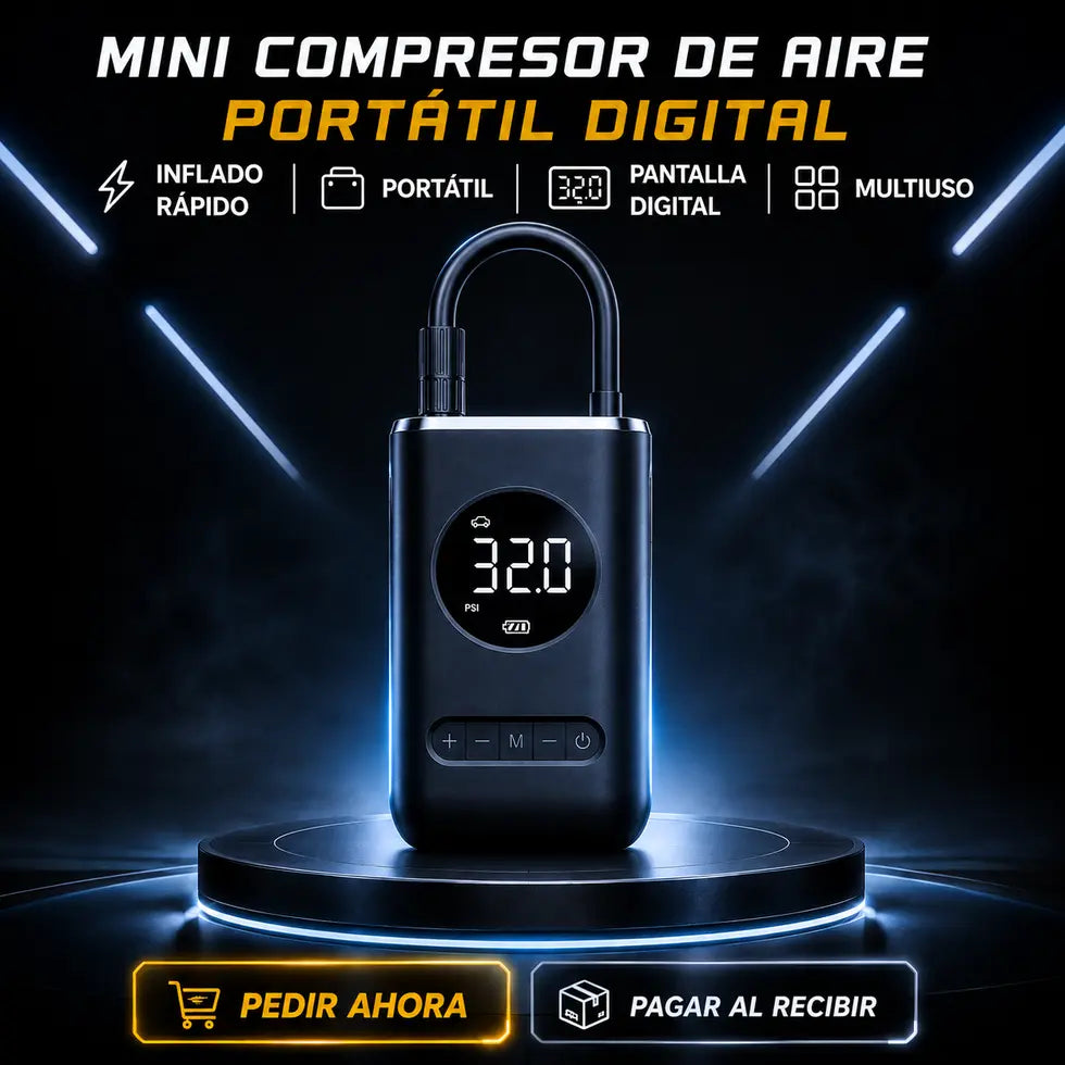 🔥PROMO⚡-MINI COMPRESOR DE AIRE PORTÁTIL DIGITAL-Infla tus neumáticos en minutos, donde sea y cuando sea.
