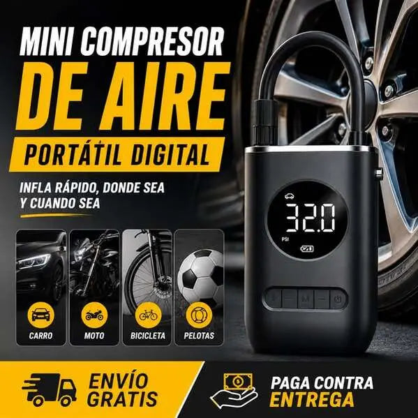 🔥PROMO⚡-MINI COMPRESOR DE AIRE PORTÁTIL DIGITAL-Infla tus neumáticos en minutos, donde sea y cuando sea.
